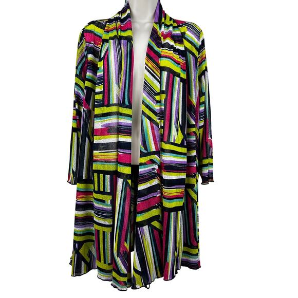 Ali Miles Open Cardigan Striped Geometric Art to Wear Semi Sheer Multi 1X Artsy - Picture 1 of 11
